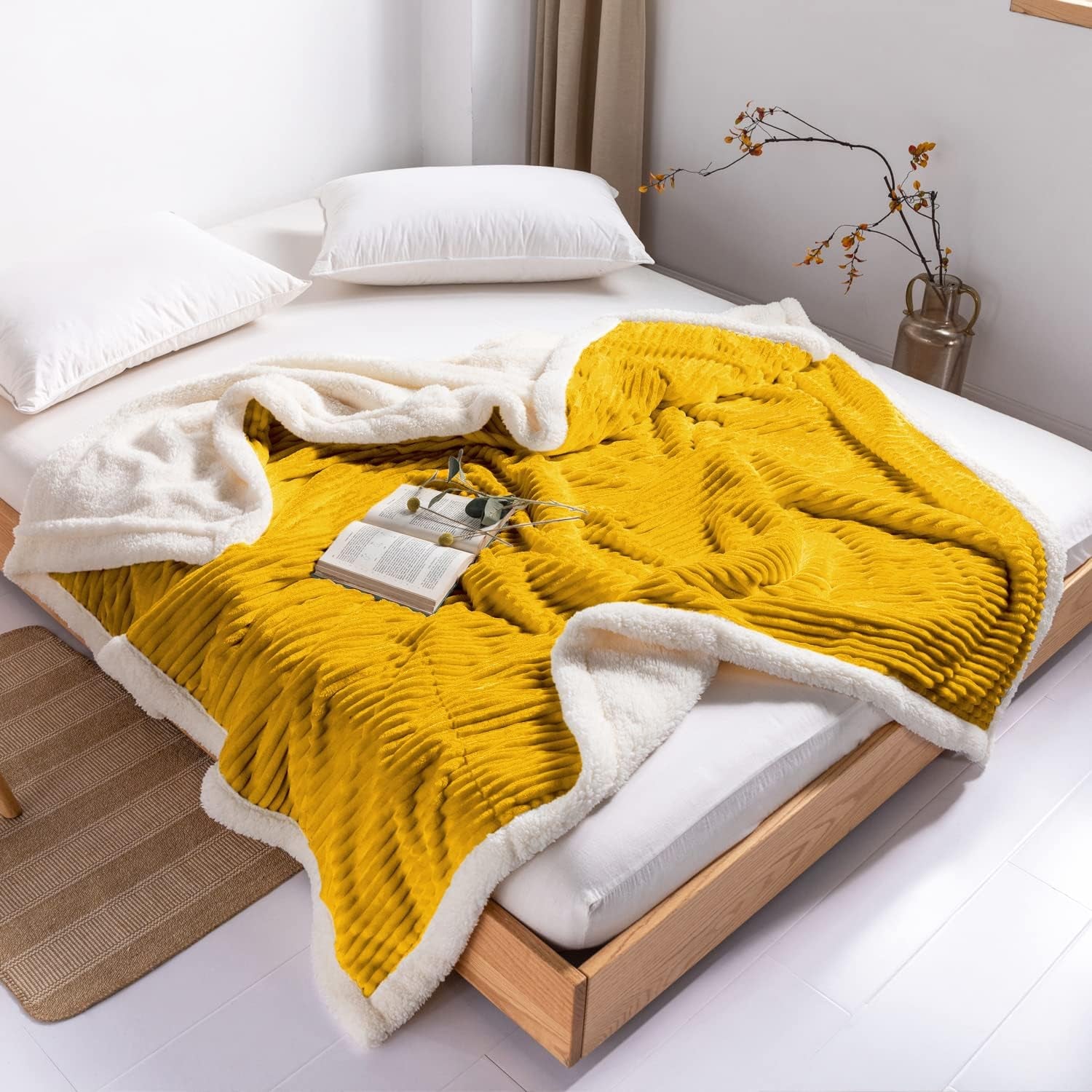 Sherpa Blanket Fleece Throw – 51X63, Mustard Yellow – Soft, Plush, Fluffy, Fuzzy, Warm, Cozy, Thick – Perfect for Couch, Bed, Sofa, Chair - Reversible Throw Blanket