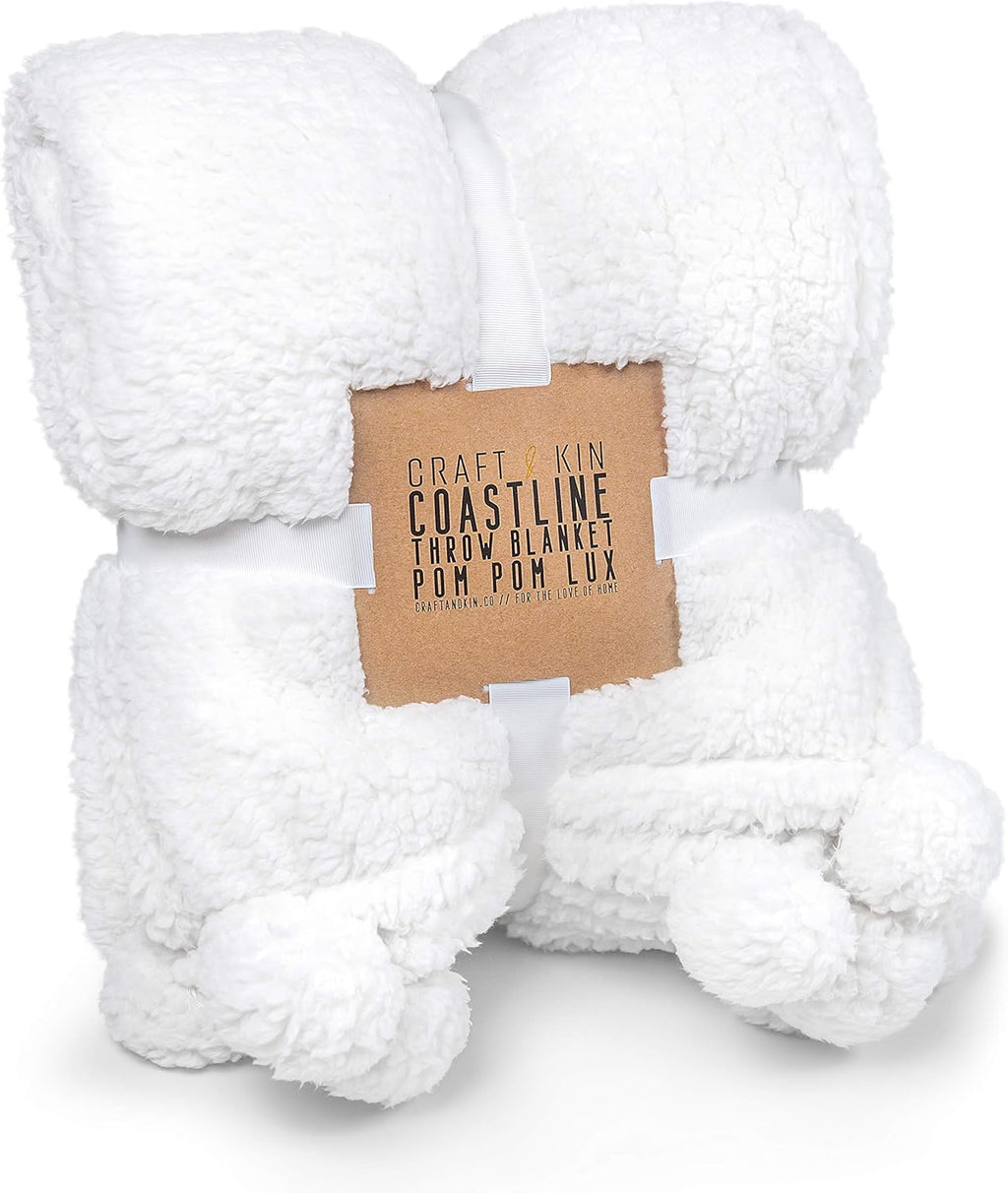 Craft and Kin Plush Blanket | Fleece Blanket White Plush Blanket | Throw Blanket Perfect Blankets and Throws | Ideal Fluffy Blanket Couch Blanket and Bed Blanket (White Pom Pom)