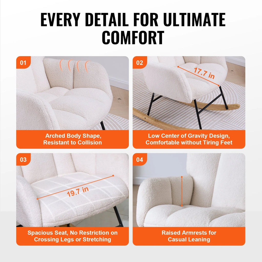 VEVOR Rocking Chair Nursery, Glider Rocking Chair with Soft Seat and High Backrest, Electric Chair 250 Lbs Weight Capacity Teddy Fabric, Upholstered Glider Rocker Chair for Nursery, Bedroom, Living Room, Ivory White