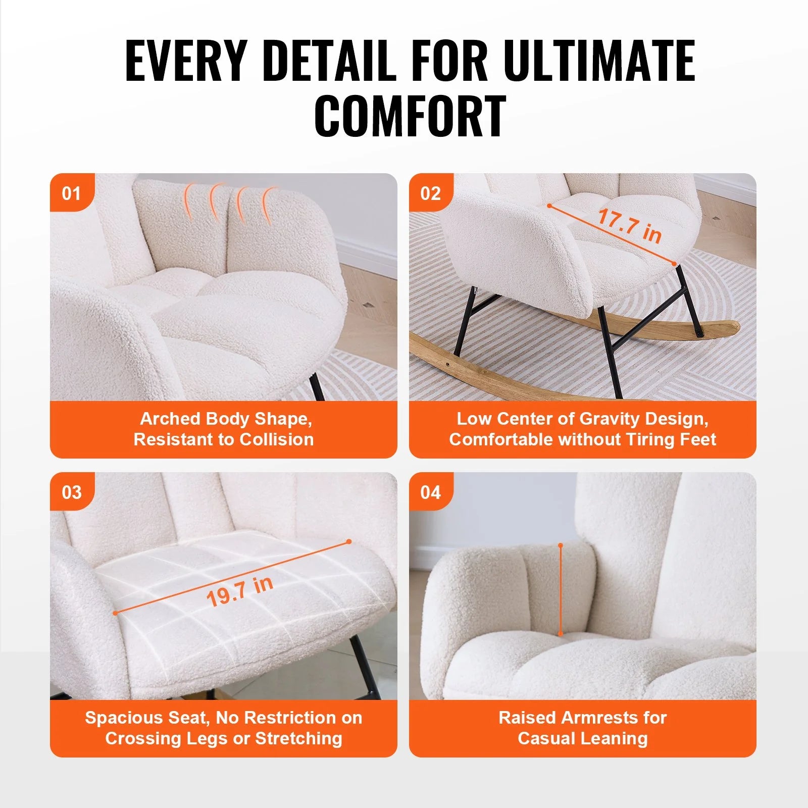 VEVOR Rocking Chair Nursery, Glider Rocking Chair with Soft Seat and High Backrest, Electric Chair 250 Lbs Weight Capacity Teddy Fabric, Upholstered Glider Rocker Chair for Nursery, Bedroom, Living Room, Ivory White