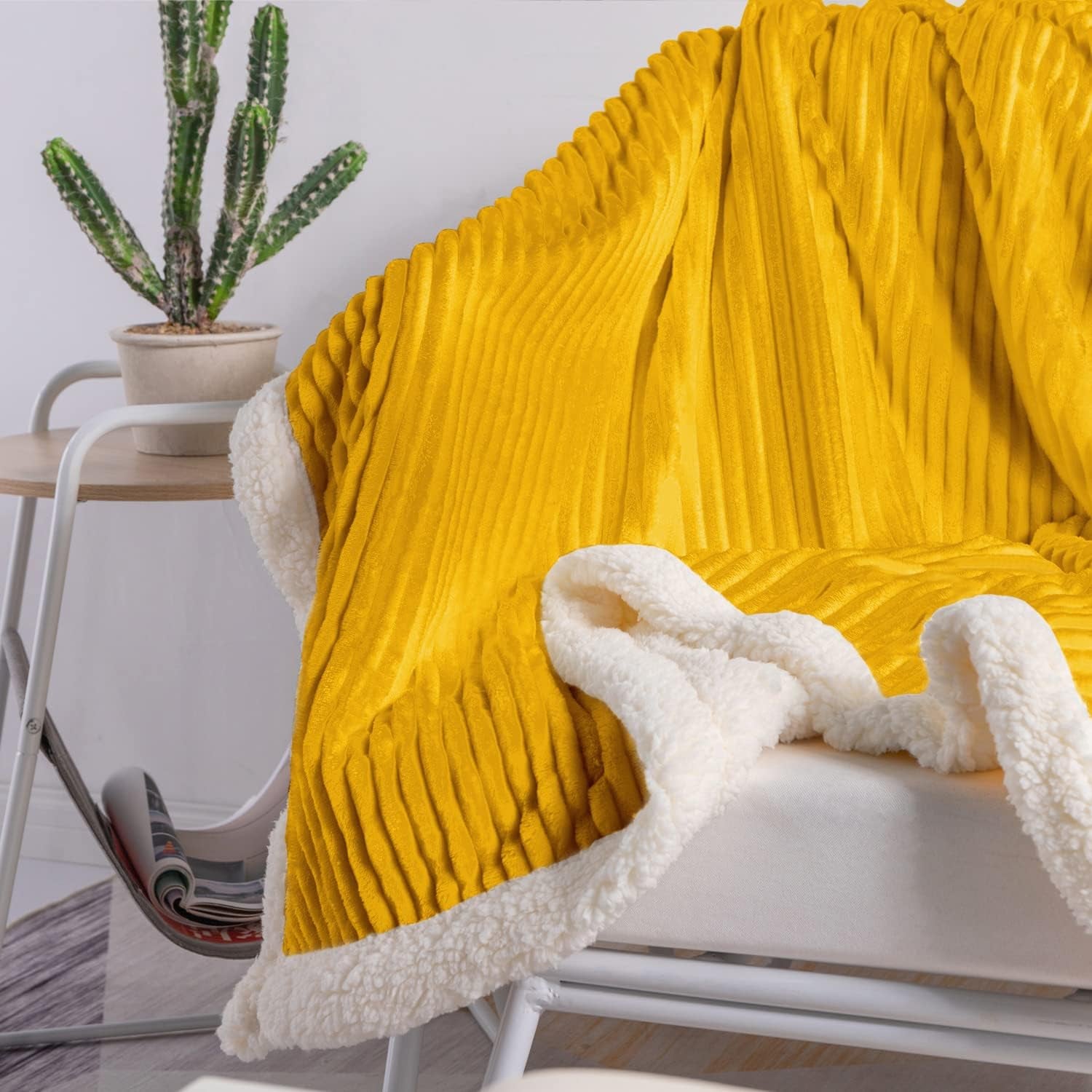 Sherpa Blanket Fleece Throw – 51X63, Mustard Yellow – Soft, Plush, Fluffy, Fuzzy, Warm, Cozy, Thick – Perfect for Couch, Bed, Sofa, Chair - Reversible Throw Blanket