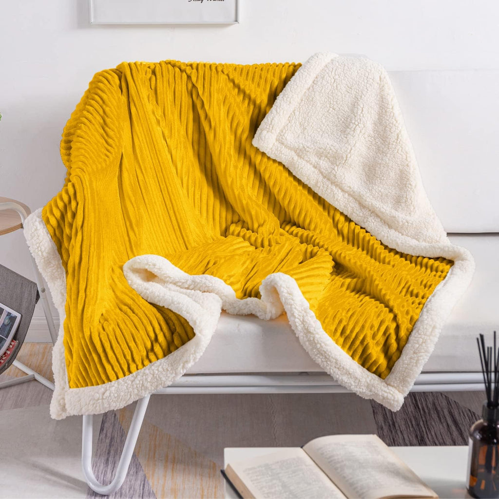 Sherpa Blanket Fleece Throw – 51X63, Mustard Yellow – Soft, Plush, Fluffy, Fuzzy, Warm, Cozy, Thick – Perfect for Couch, Bed, Sofa, Chair - Reversible Throw Blanket