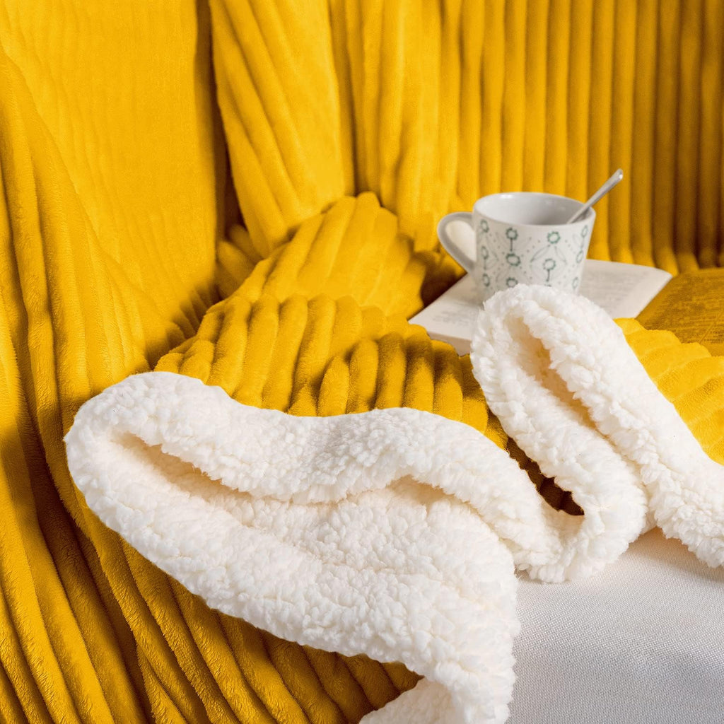 Sherpa Blanket Fleece Throw – 51X63, Mustard Yellow – Soft, Plush, Fluffy, Fuzzy, Warm, Cozy, Thick – Perfect for Couch, Bed, Sofa, Chair - Reversible Throw Blanket