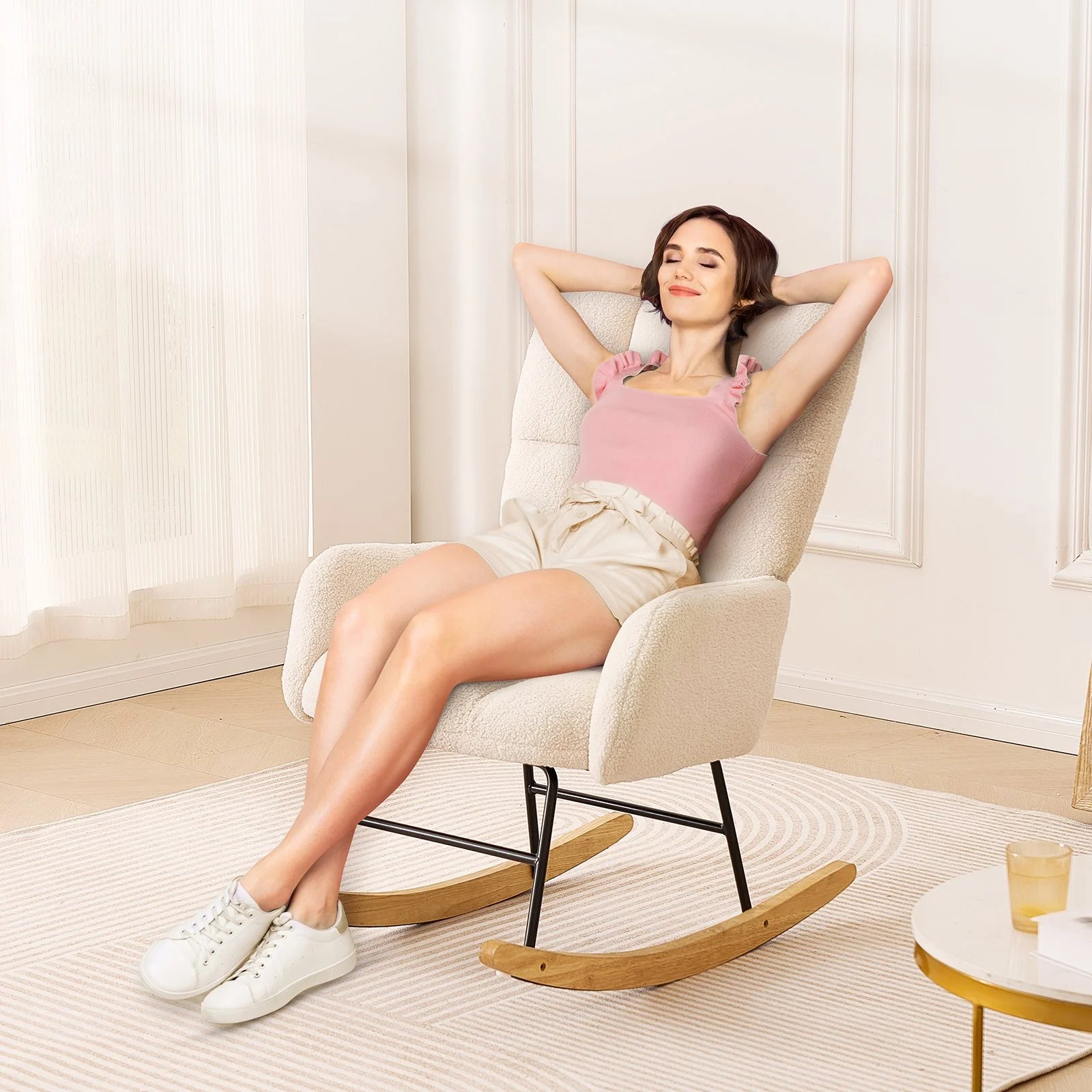 VEVOR Rocking Chair Nursery, Glider Rocking Chair with Soft Seat and High Backrest, Electric Chair 250 Lbs Weight Capacity Teddy Fabric, Upholstered Glider Rocker Chair for Nursery, Bedroom, Living Room, Ivory White