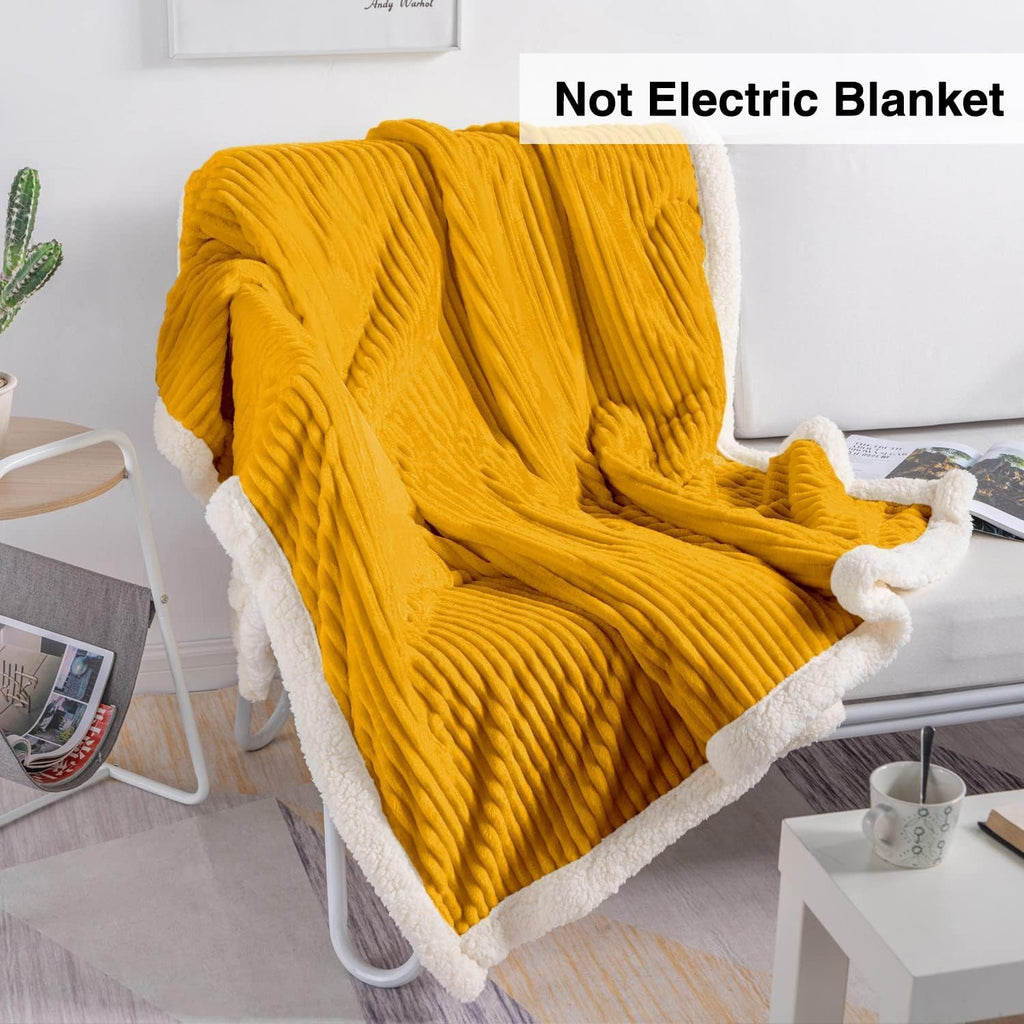 Sherpa Blanket Fleece Throw – 51X63, Mustard Yellow – Soft, Plush, Fluffy, Fuzzy, Warm, Cozy, Thick – Perfect for Couch, Bed, Sofa, Chair - Reversible Throw Blanket
